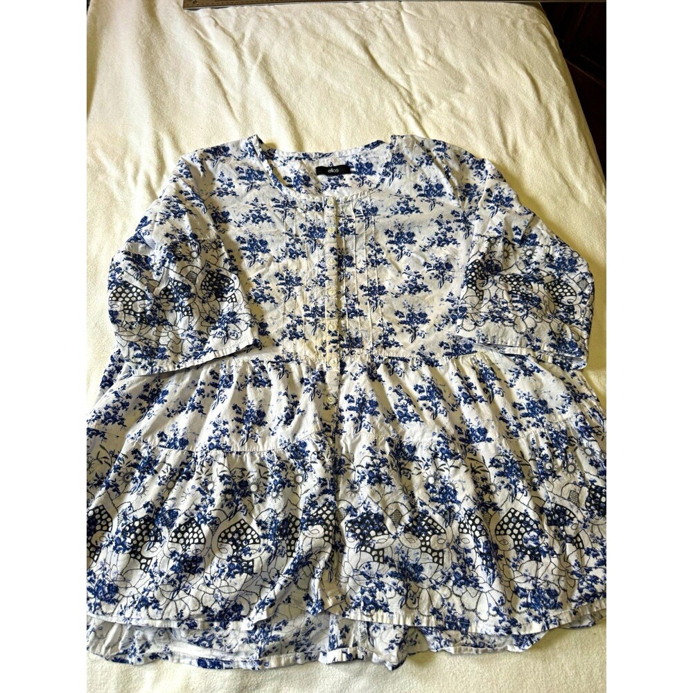 Ellos Plus Size Blue White Toile Cotton Tiered Tunic Blouse 3/4 Sleeve